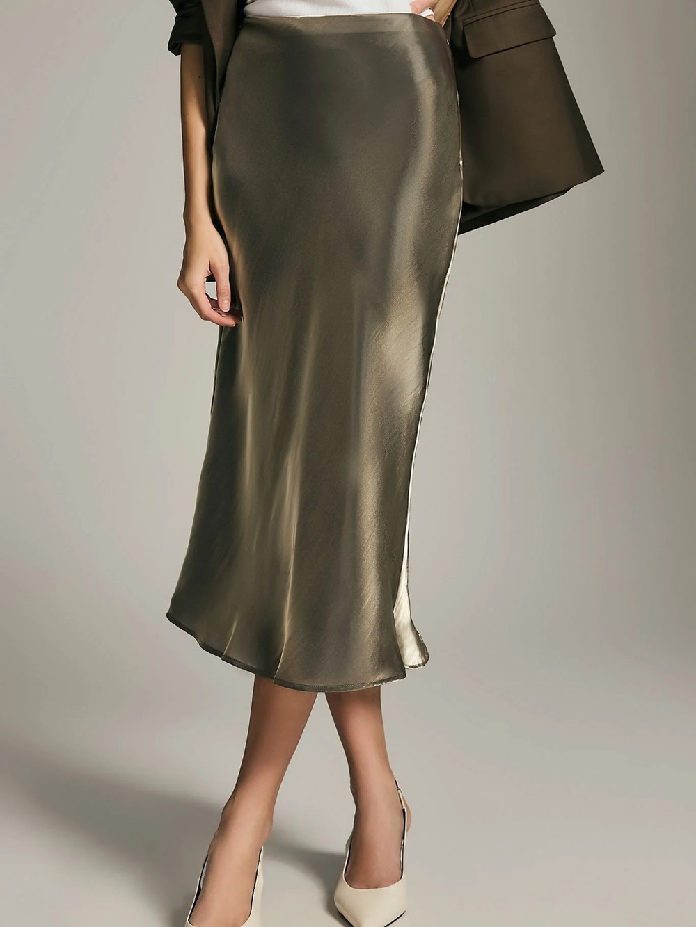 Anthropologie Satin Midi Skirt in Olive green